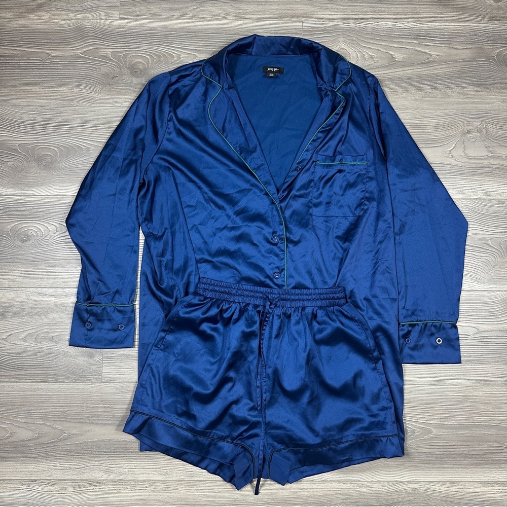 Nastygal Navy‎ Satin Pajama Set with Green Trim - Night Shirt & Sleep Shorts